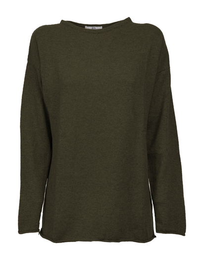 Olive green cashmere relaxed maxi boatneck sweater, front view.