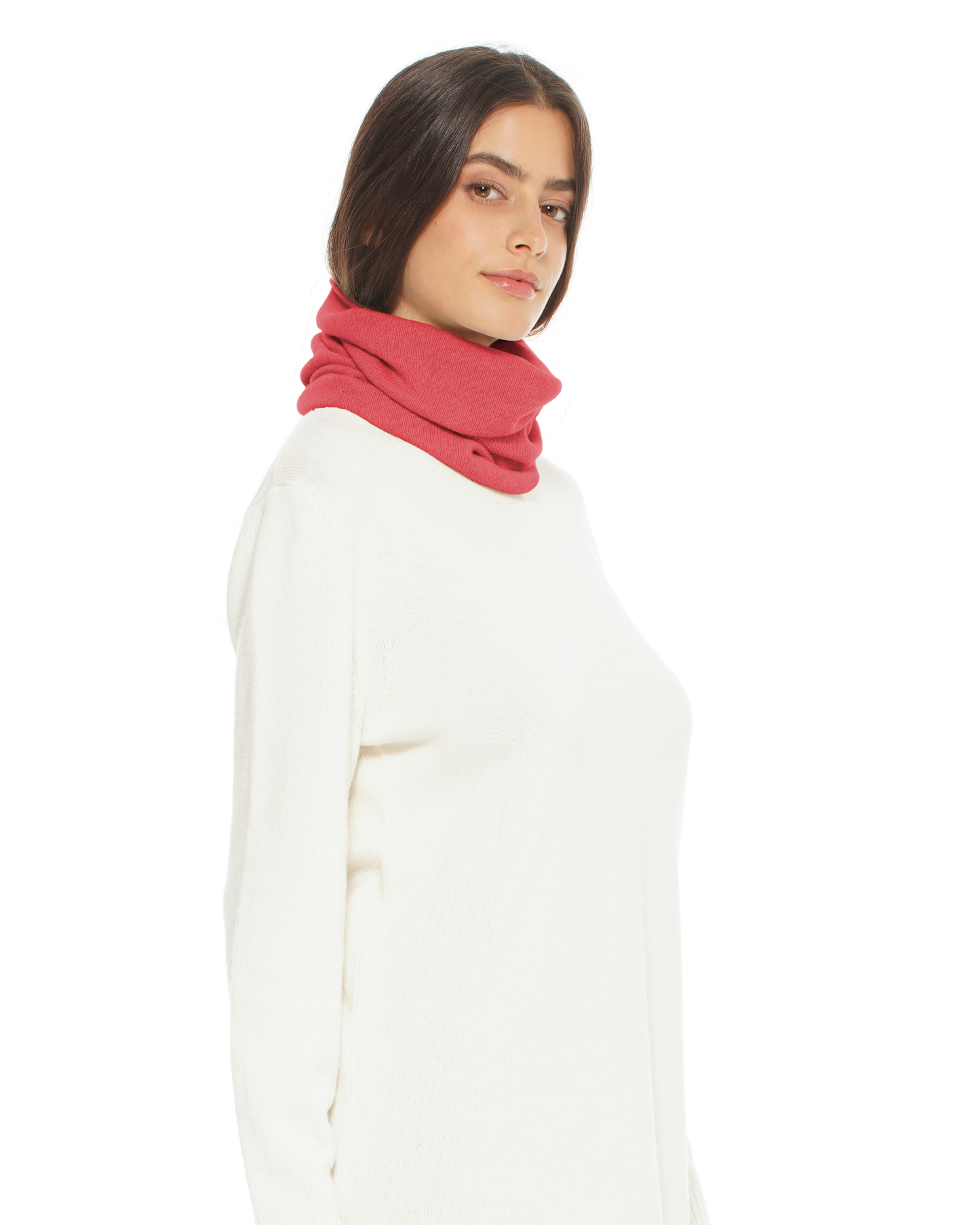 Pure Cashmere Knit Collar Infinity Scarf Coral Red
