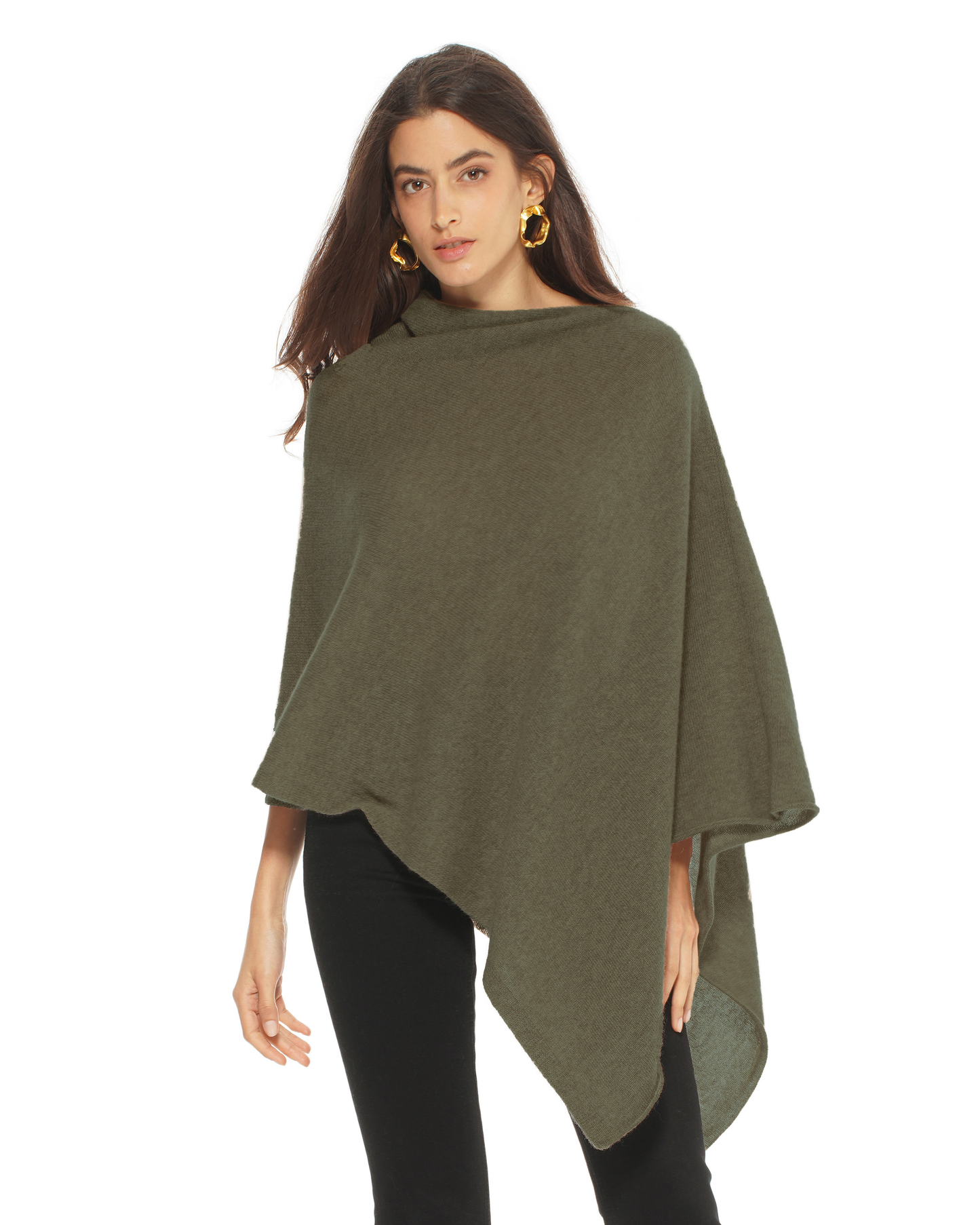 Women's Pure Cashmere Textured Knit Poncho Olive Green