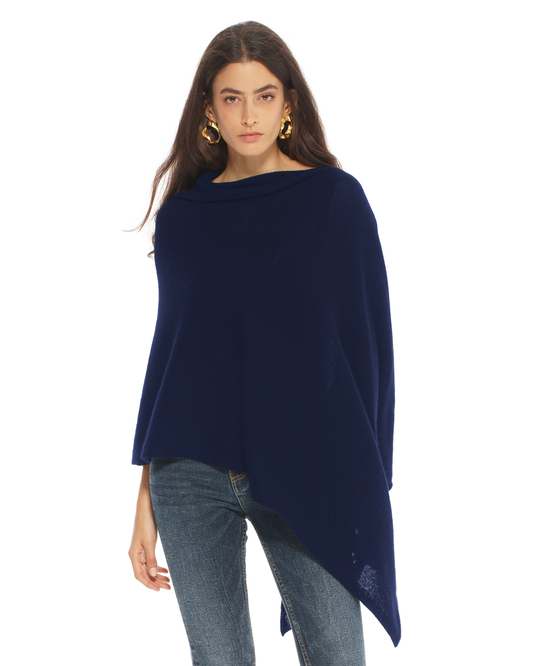 Women's Pure Cashmere Textured Knit Poncho Blue