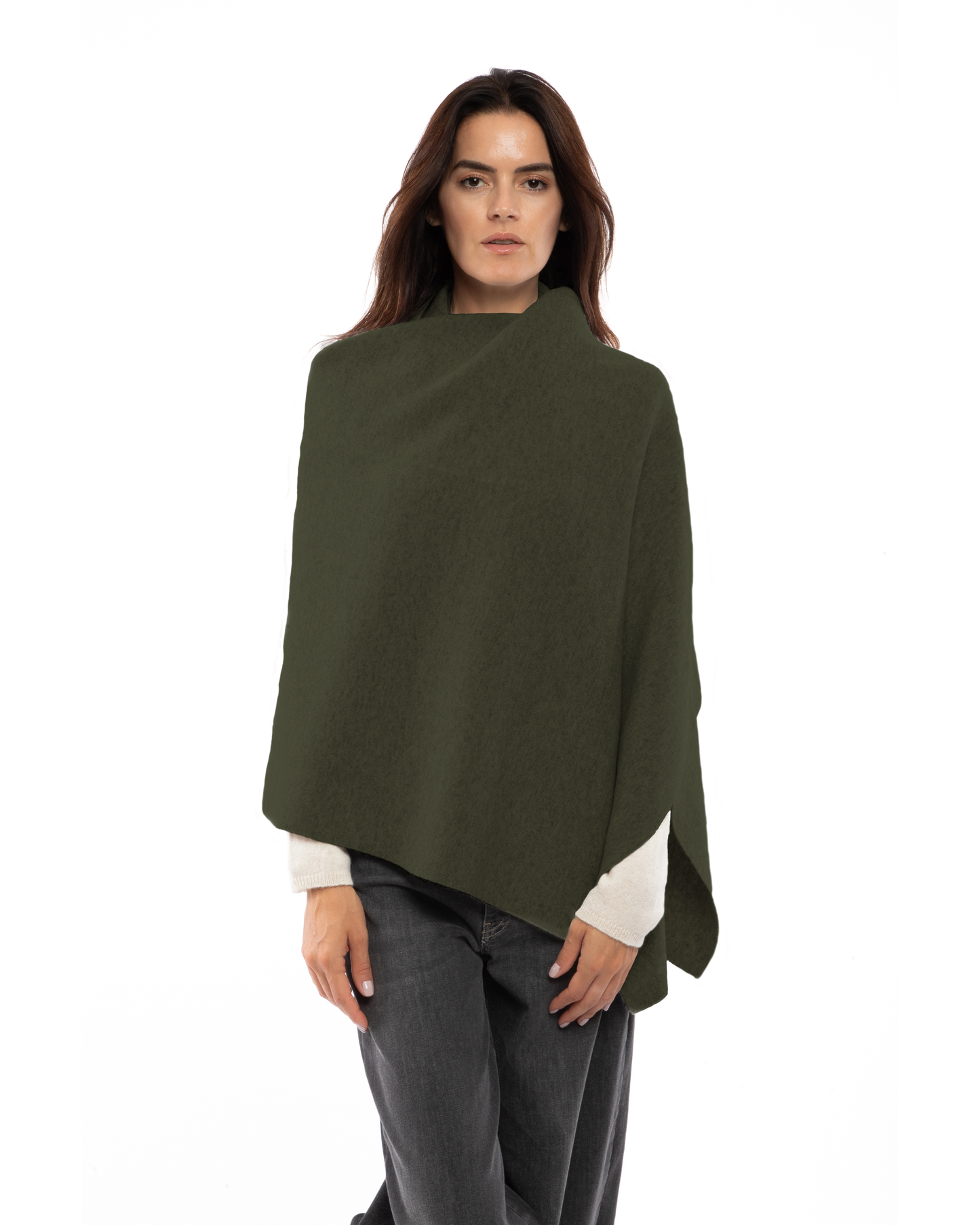 Women's Double-Knit Pure Cashmere Cape Wrap Olive Green