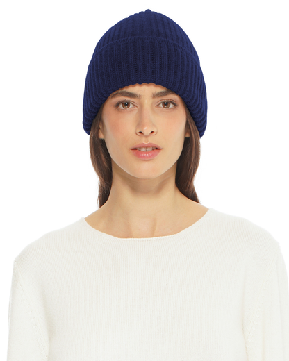 Women's Pure Cashmere Ribbed Hat Blue