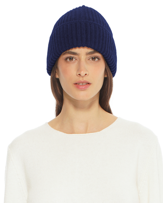 Women's Pure Cashmere Ribbed Hat Blue