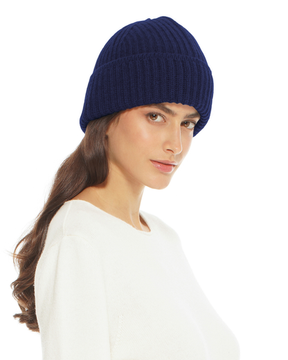 Women's Pure Cashmere Ribbed Hat Blue