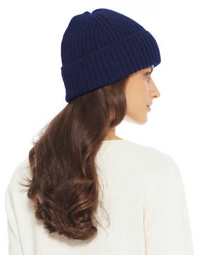 Women's Pure Cashmere Ribbed Hat Blue