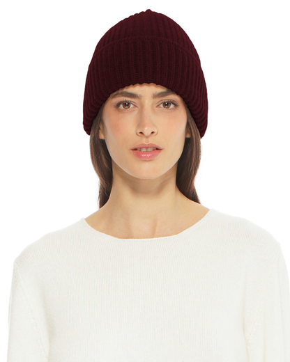 Women's Pure Cashmere Ribbed Hat Bordeaux