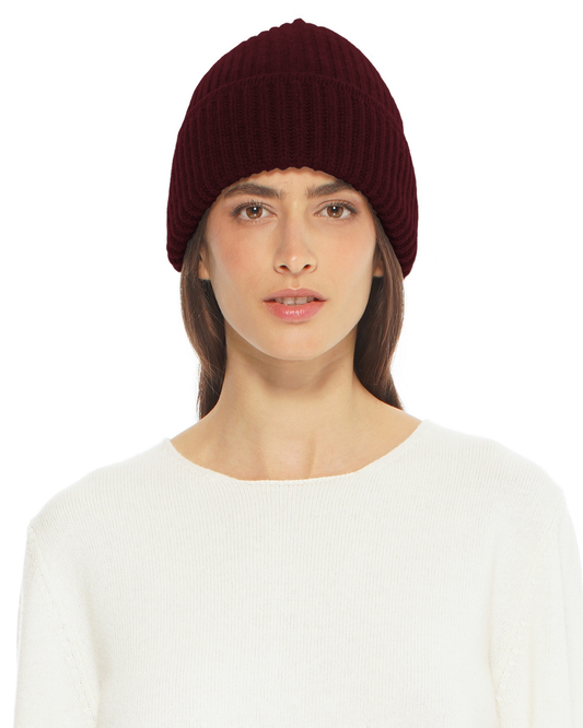 Women's Pure Cashmere Ribbed Hat Bordeaux