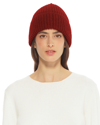 Women's Pure Cashmere Ribbed Hat Chianti