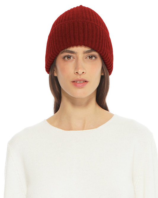 Women's Pure Cashmere Ribbed Hat Chianti