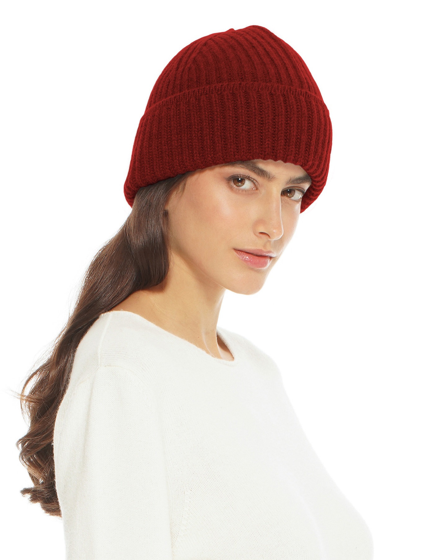 Women's Pure Cashmere Ribbed Hat Chianti