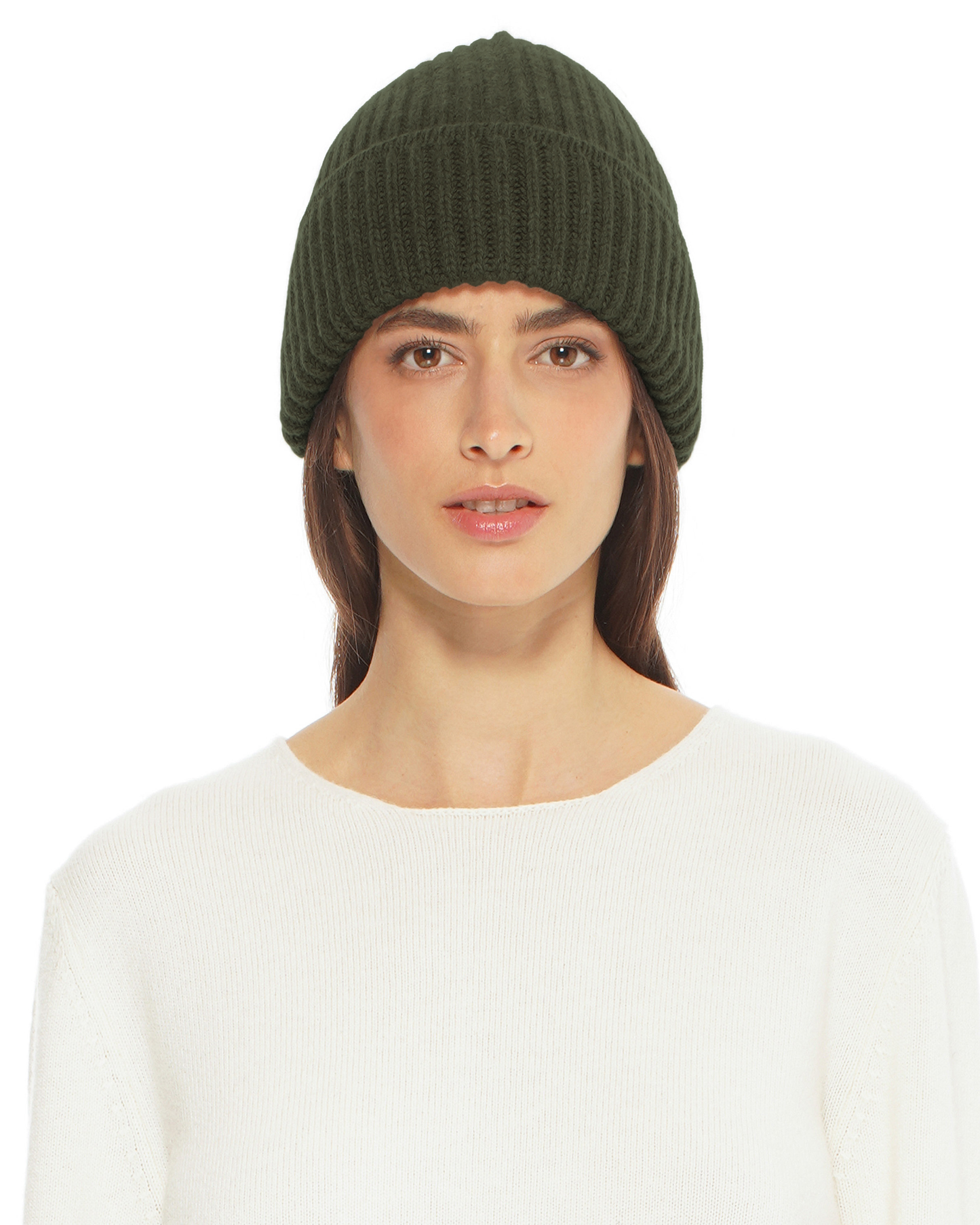 Women's Pure Cashmere Ribbed Hat Olive Green