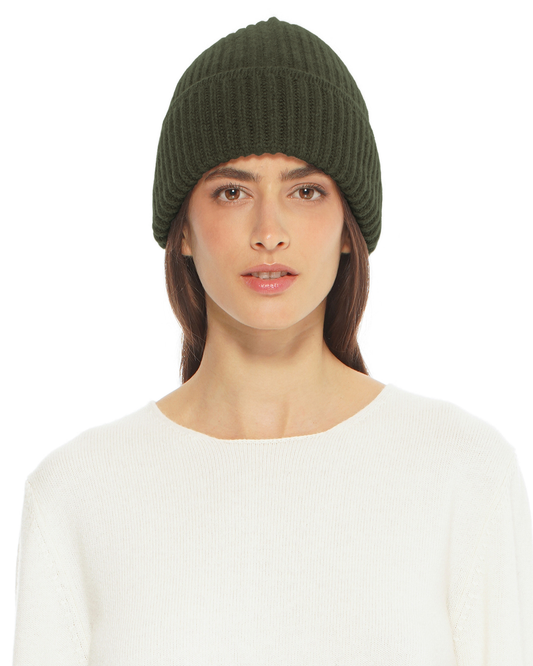 Women's Pure Cashmere Ribbed Hat Olive Green