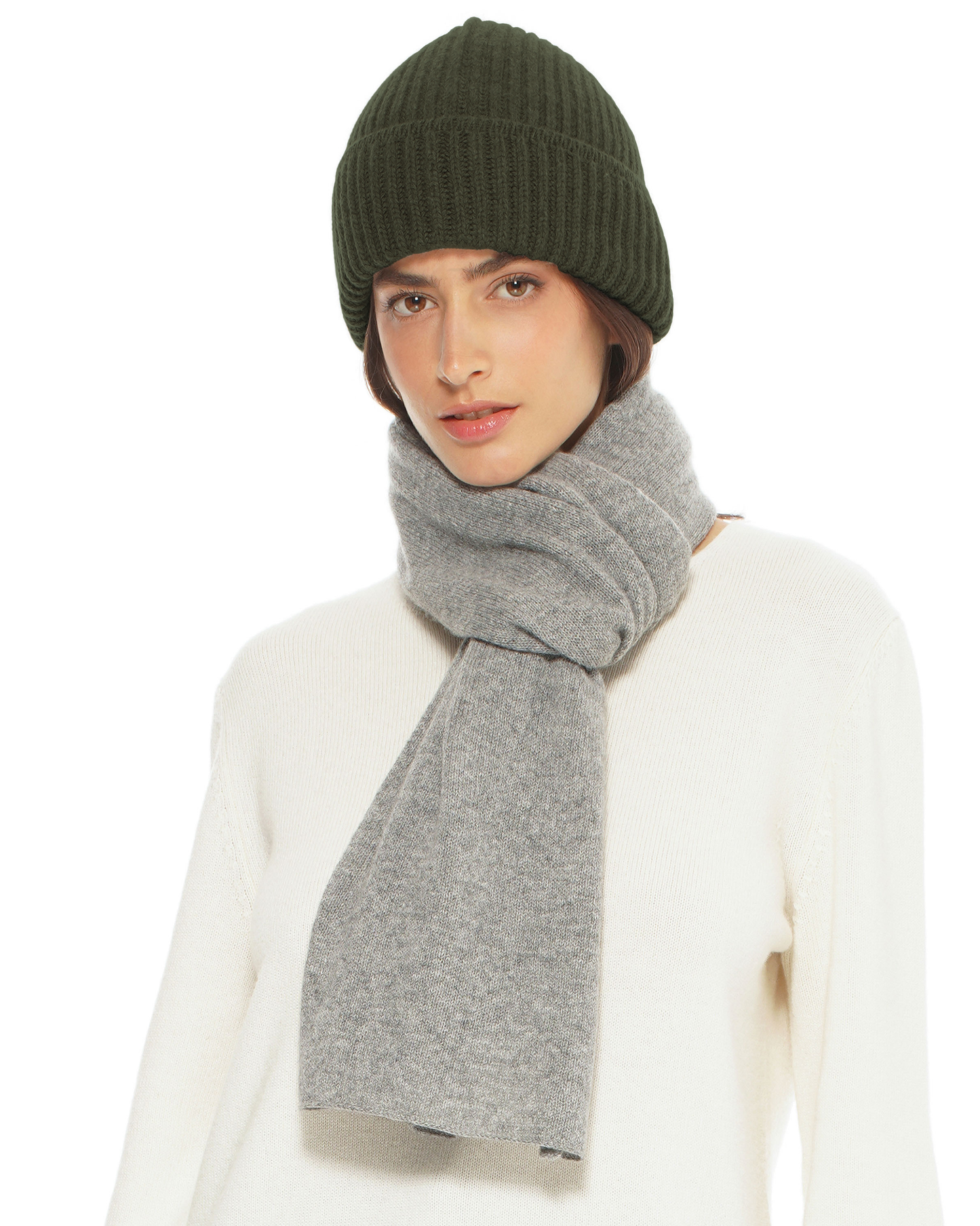 Women's Pure Cashmere Ribbed Hat Olive Green