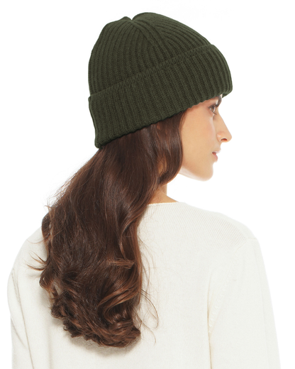 Women's Pure Cashmere Ribbed Hat Olive Green