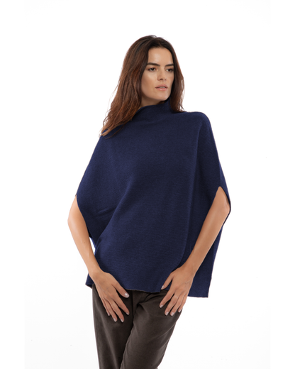 Women's Pure Cashmere Funnel Neck Poncho Blue
