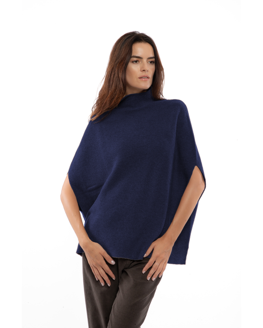 Women's Pure Cashmere Funnel Neck Poncho Blue