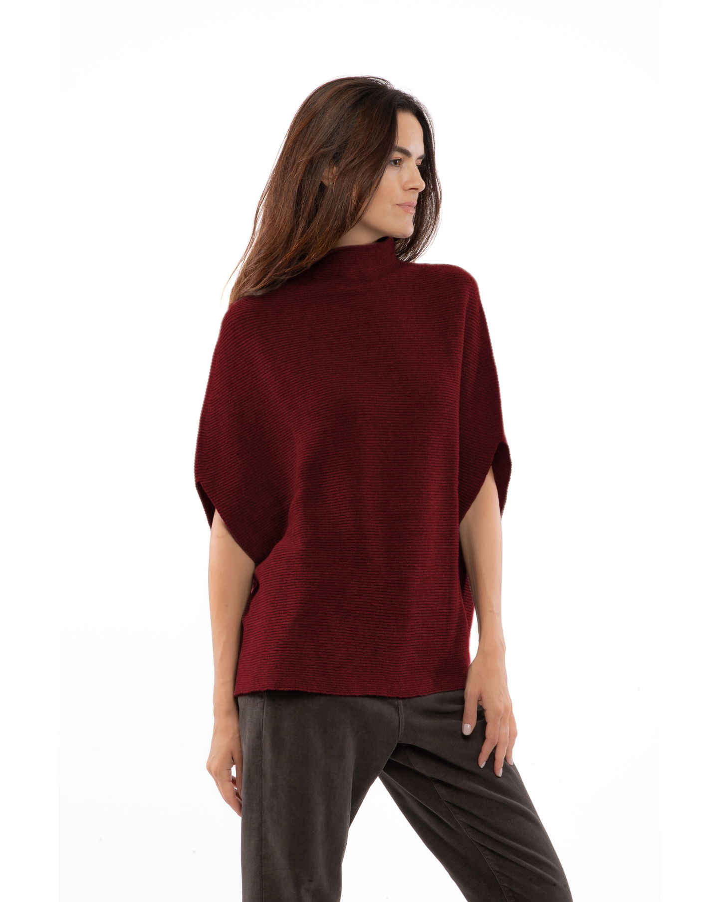 Women's Pure Cashmere Funnel Neck Poncho Bordeaux