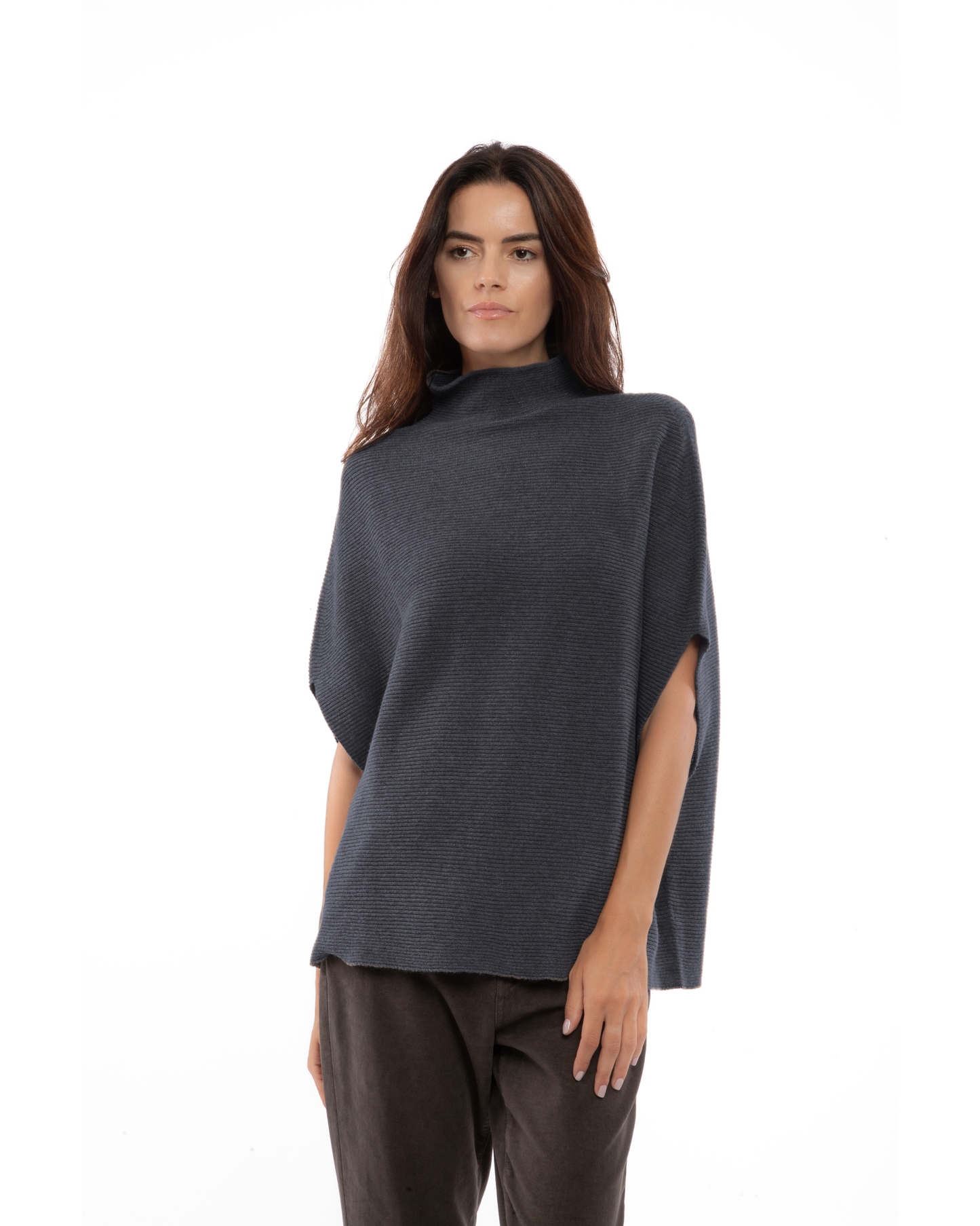 Women's Pure Cashmere Funnel Neck Poncho Charcoal