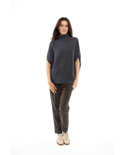 Women's Pure Cashmere Funnel Neck Poncho Charcoal