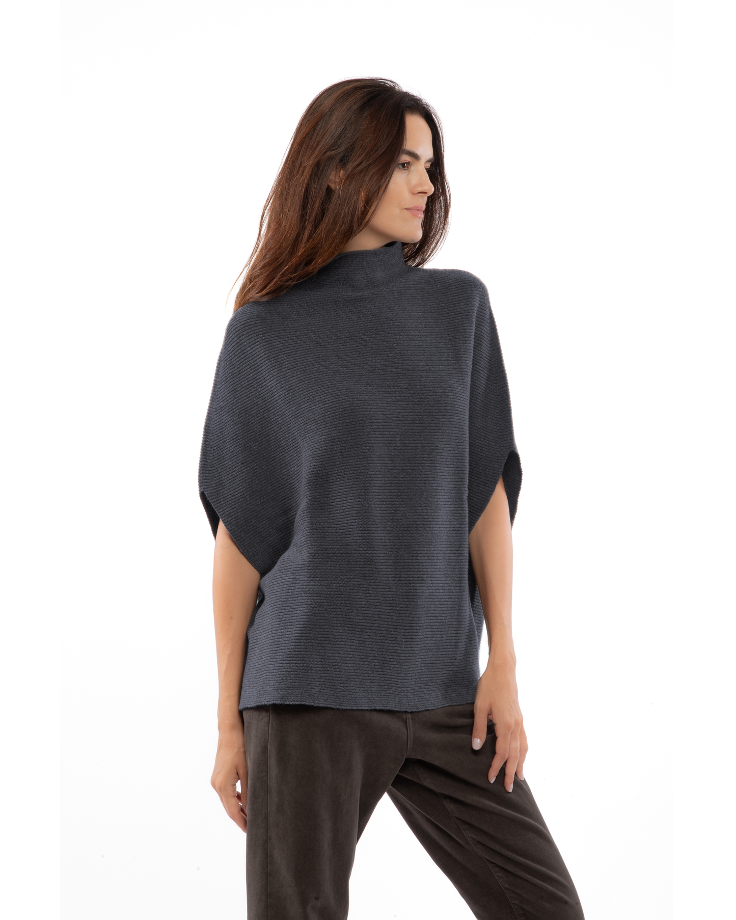 Women's Pure Cashmere Funnel Neck Poncho Charcoal