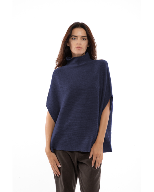 Women's Pure Cashmere Funnel Neck Poncho Melange Blue