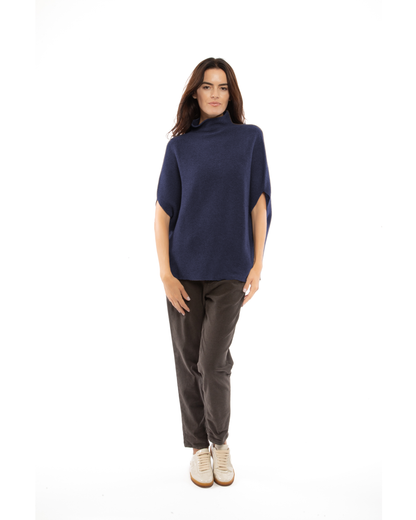 Women's Pure Cashmere Funnel Neck Poncho Melange Blue