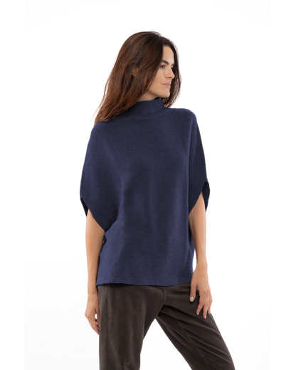 Women's Pure Cashmere Funnel Neck Poncho Melange Blue