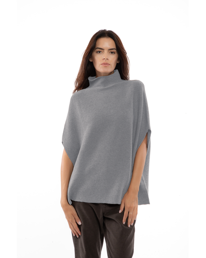 Women's Pure Cashmere Funnel Neck Poncho Melange Gray
