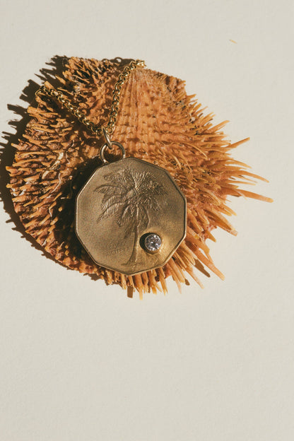 GOLD PALM TREE & DIAMOND COCONUT CHARM ON A BROWN SEA SHELL