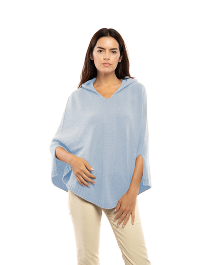 Women's Pure Cashmere Hooded Poncho Baby Blue