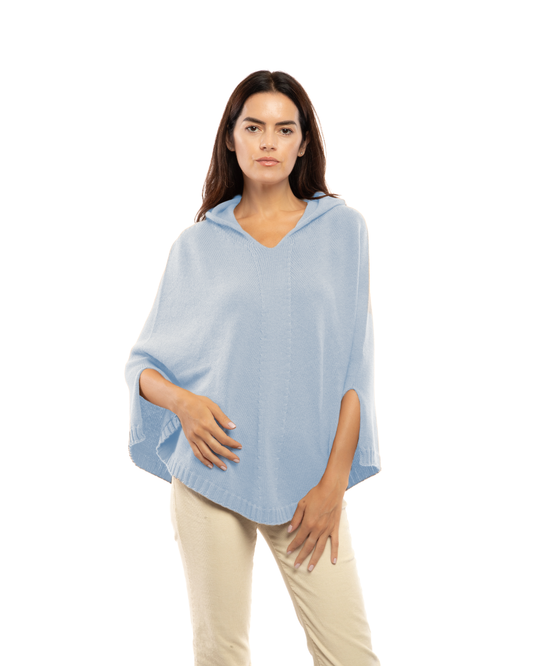 Women's Pure Cashmere Hooded Poncho Baby Blue