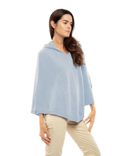 Women's Pure Cashmere Hooded Poncho Baby Blue