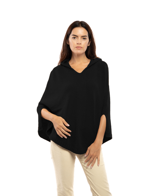 Women's Pure Cashmere Hooded Poncho Black