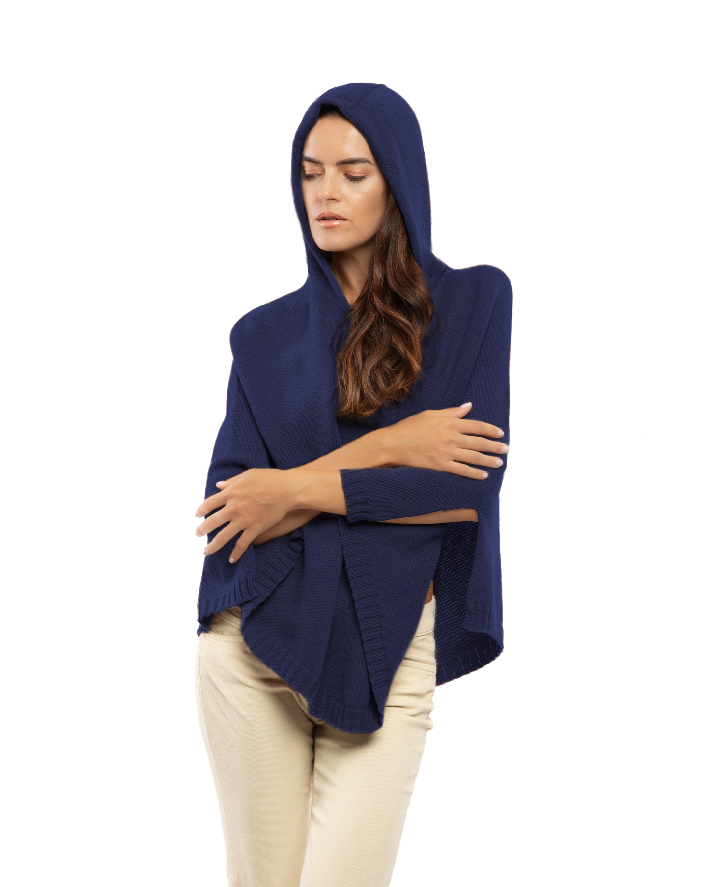 Women's Pure Cashmere Hooded Poncho Blue