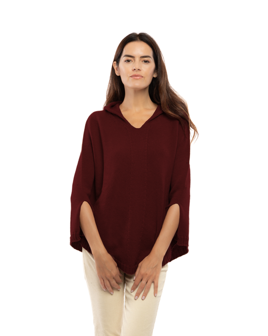 Women's Pure Cashmere Hooded Poncho Bordeaux