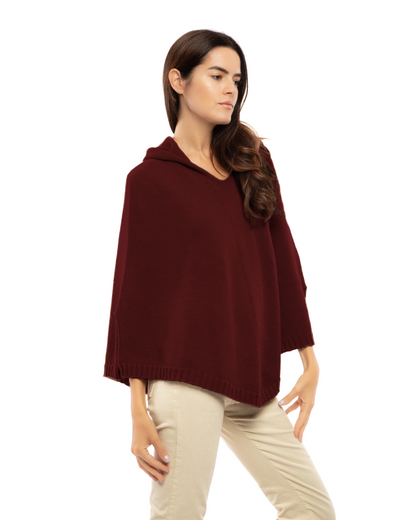 Women's Pure Cashmere Hooded Poncho Bordeaux