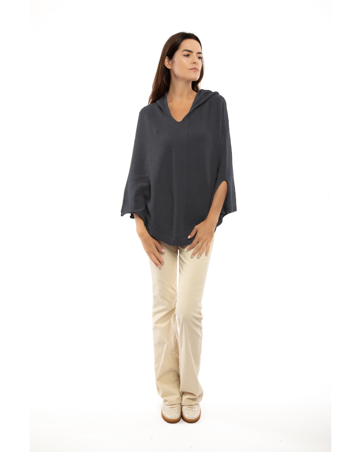 Women's Pure Cashmere Hooded Poncho Charcoal