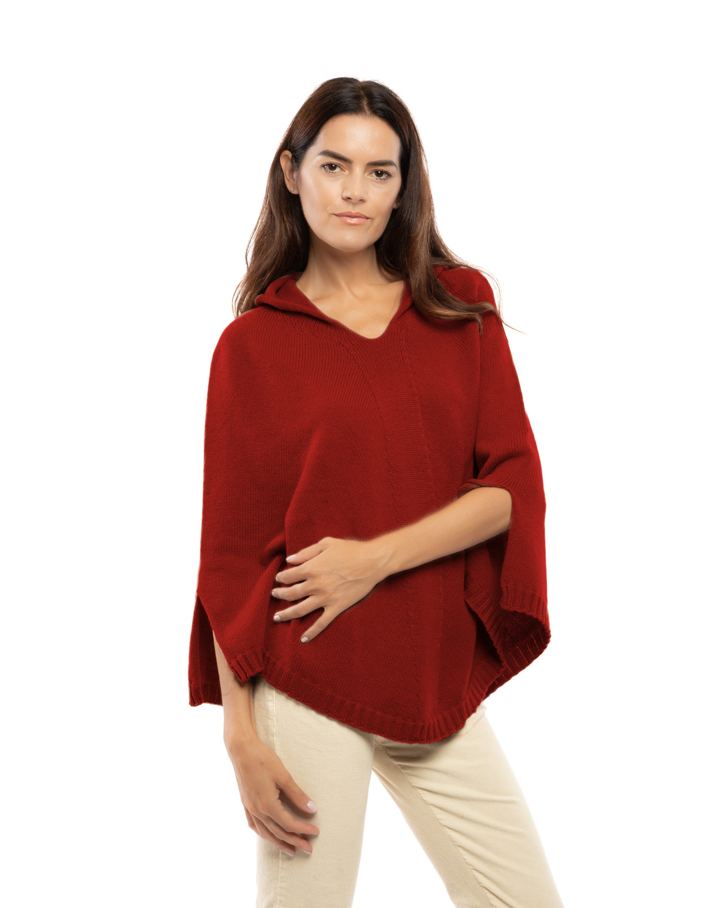 Women's Pure Cashmere Hooded Poncho Chianti