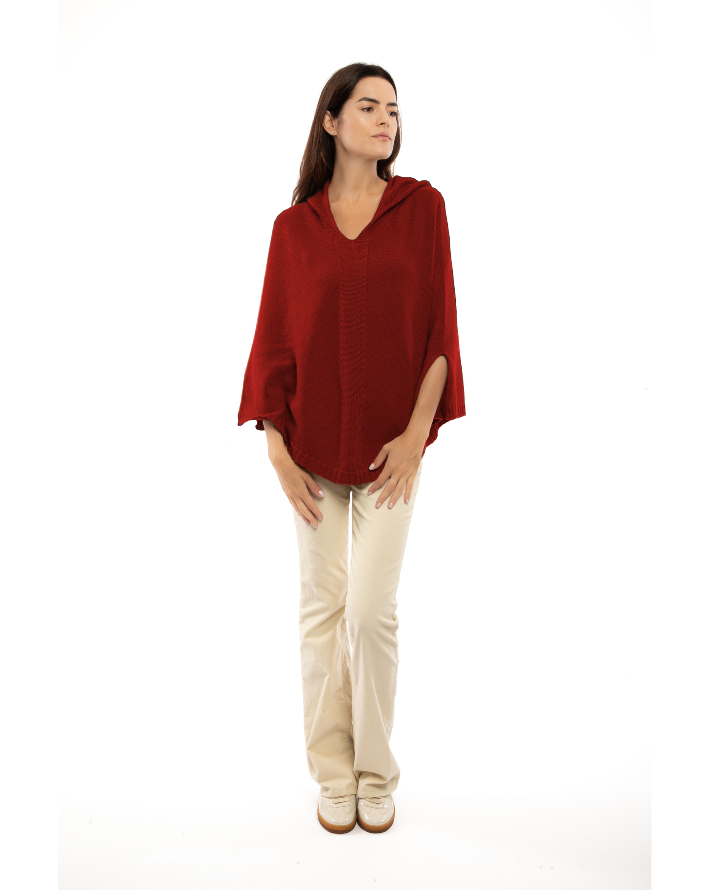 Women's Pure Cashmere Hooded Poncho Chianti