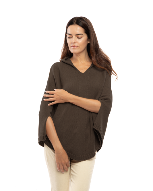 Women's Pure Cashmere Hooded Poncho Coffee