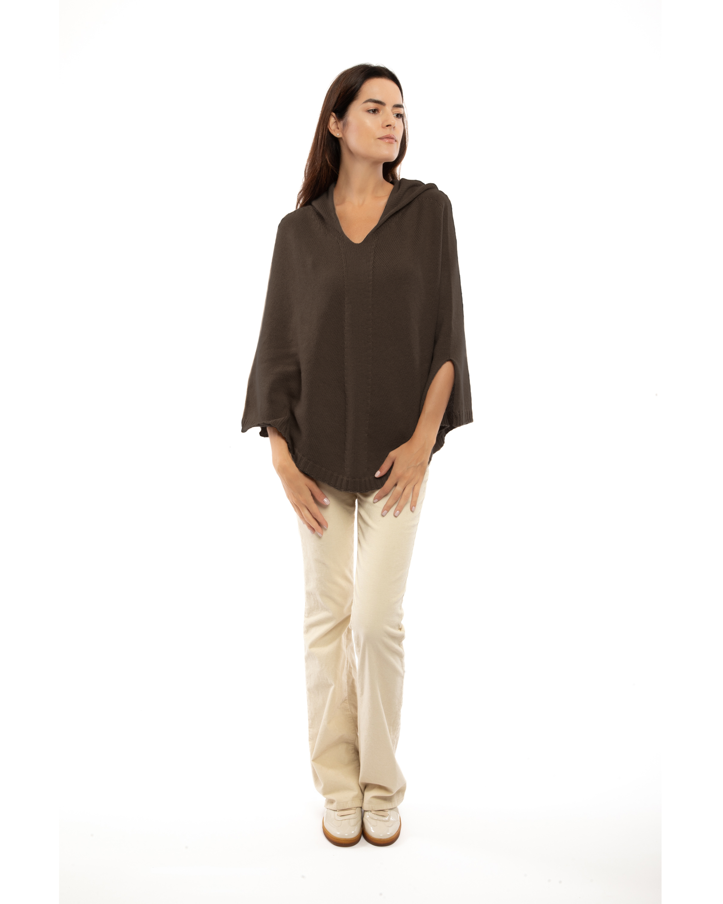 Women's Pure Cashmere Hooded Poncho Coffee