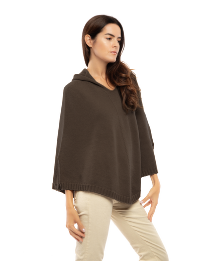 Women's Pure Cashmere Hooded Poncho Coffee
