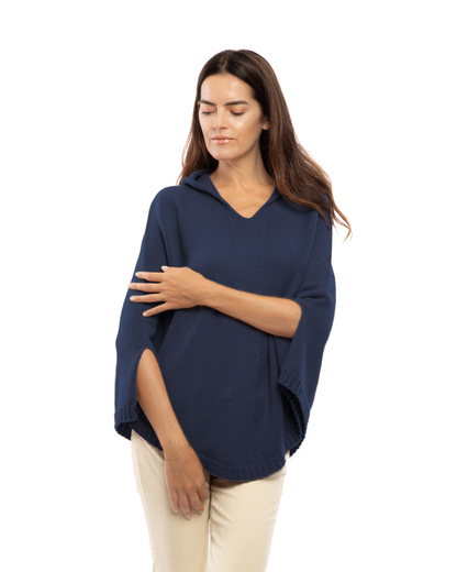Women's Pure Cashmere Hooded Poncho Blue Melange