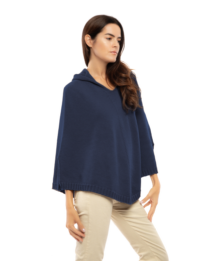 Women's Pure Cashmere Hooded Poncho Blue Melange