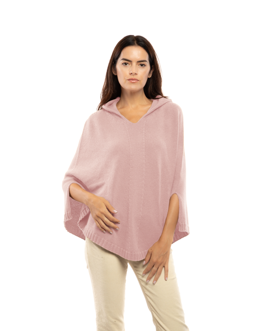 Women's Pure Cashmere Hooded Poncho Old Rose