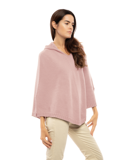 Women's Pure Cashmere Hooded Poncho Old Rose