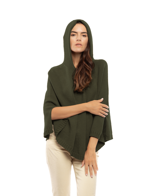 Women's Pure Cashmere Hooded Poncho Olive Green
