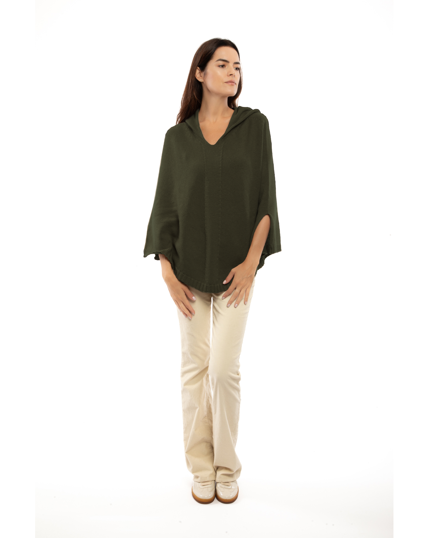 Women's Pure Cashmere Hooded Poncho Olive Green