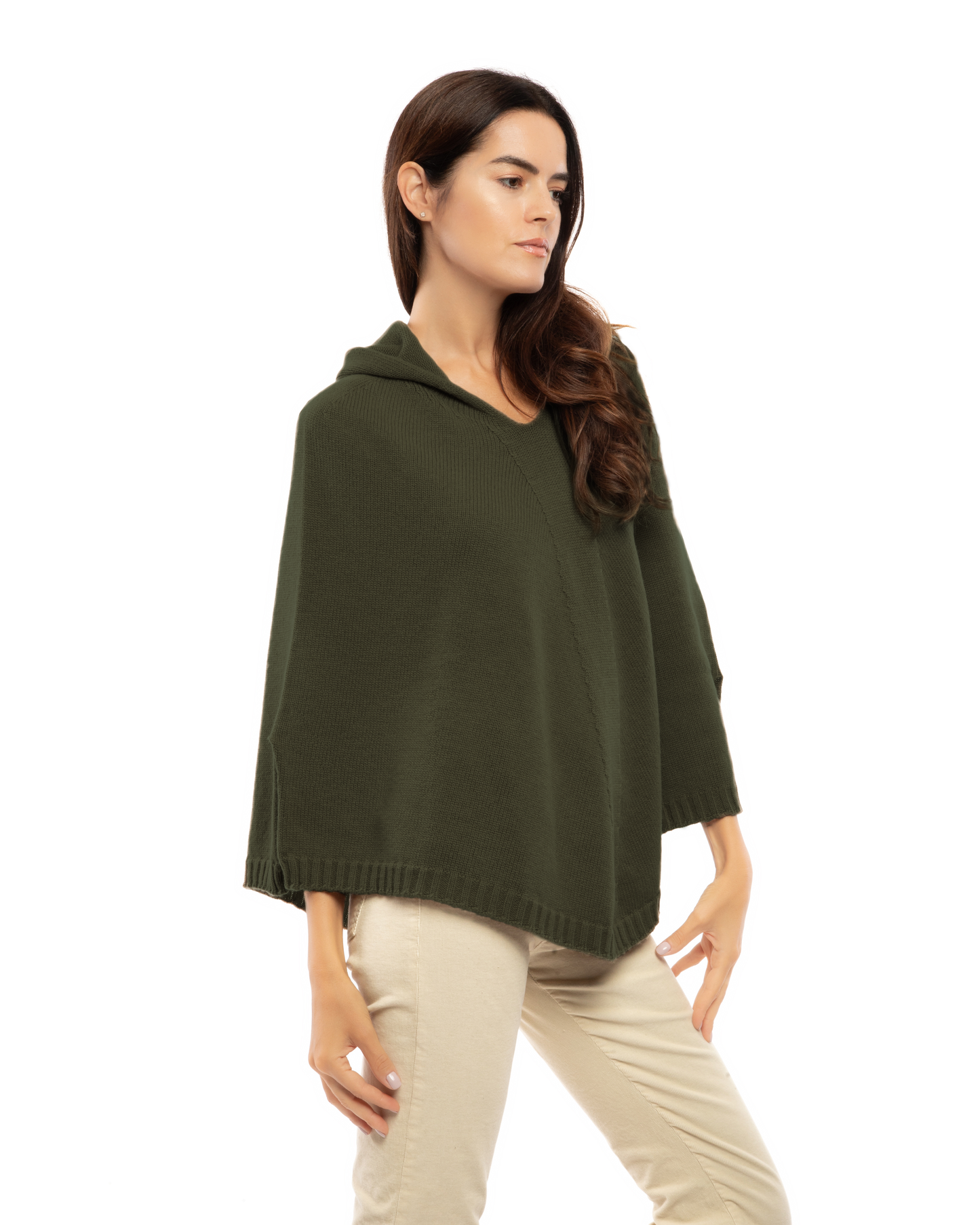 Women's Pure Cashmere Hooded Poncho Olive Green