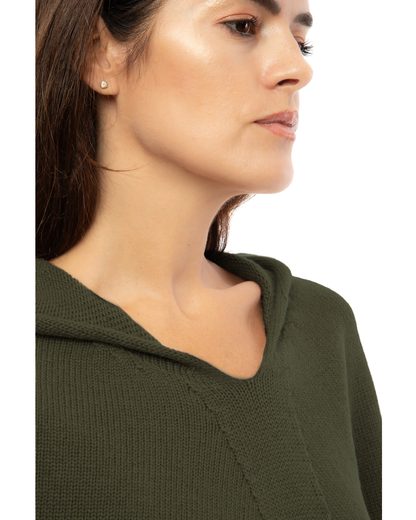 Women's Pure Cashmere Hooded Poncho Olive Green
